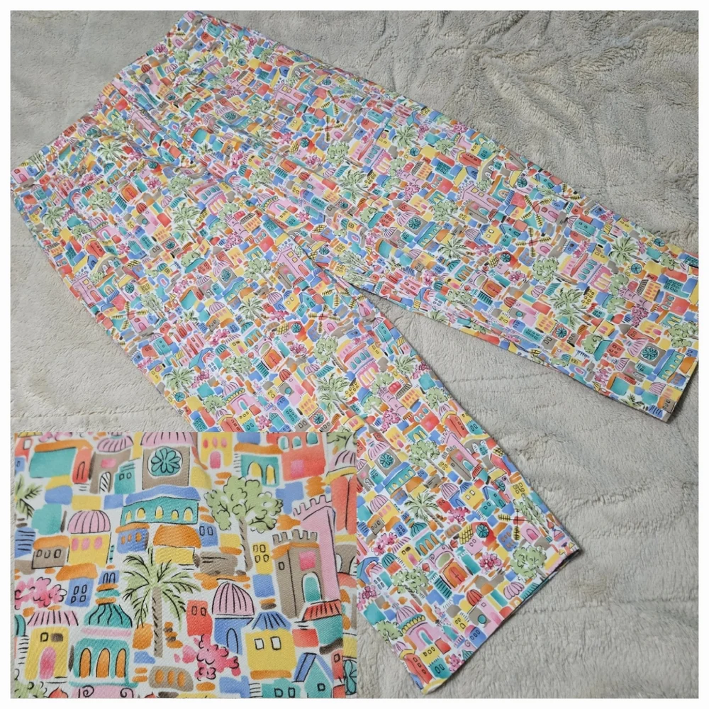Talbots Italian Coastal Beach Print Crop Ankle Pants Stretch Colorful 10 P - Picture 1 of 16